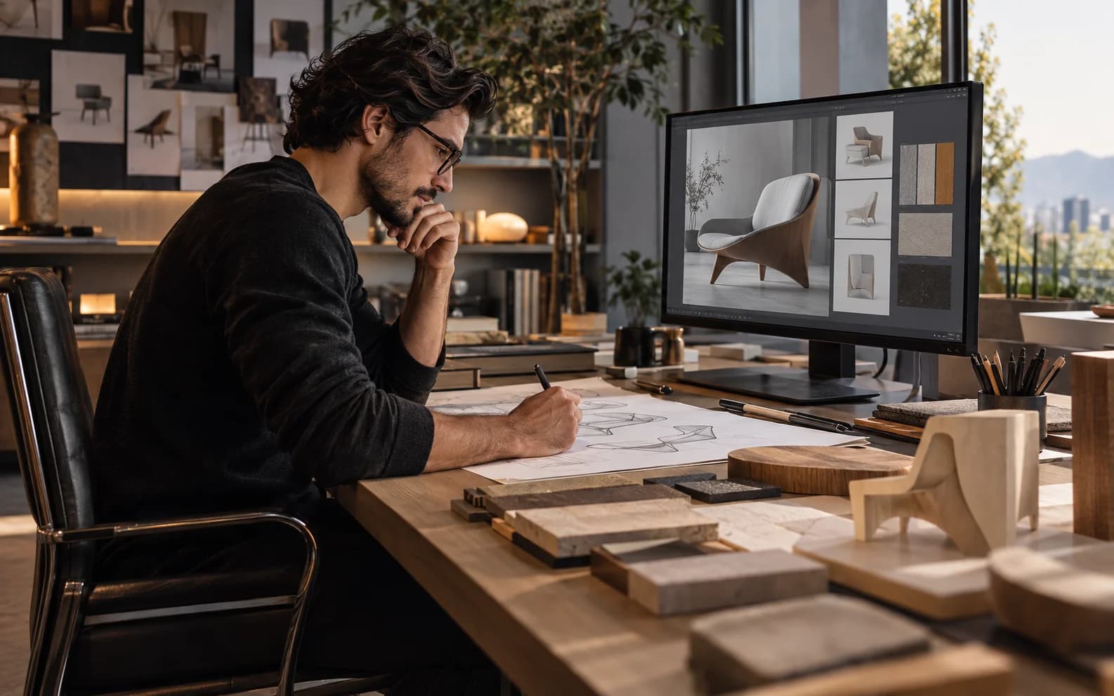 Designer developing a furniture concept in a creation studio